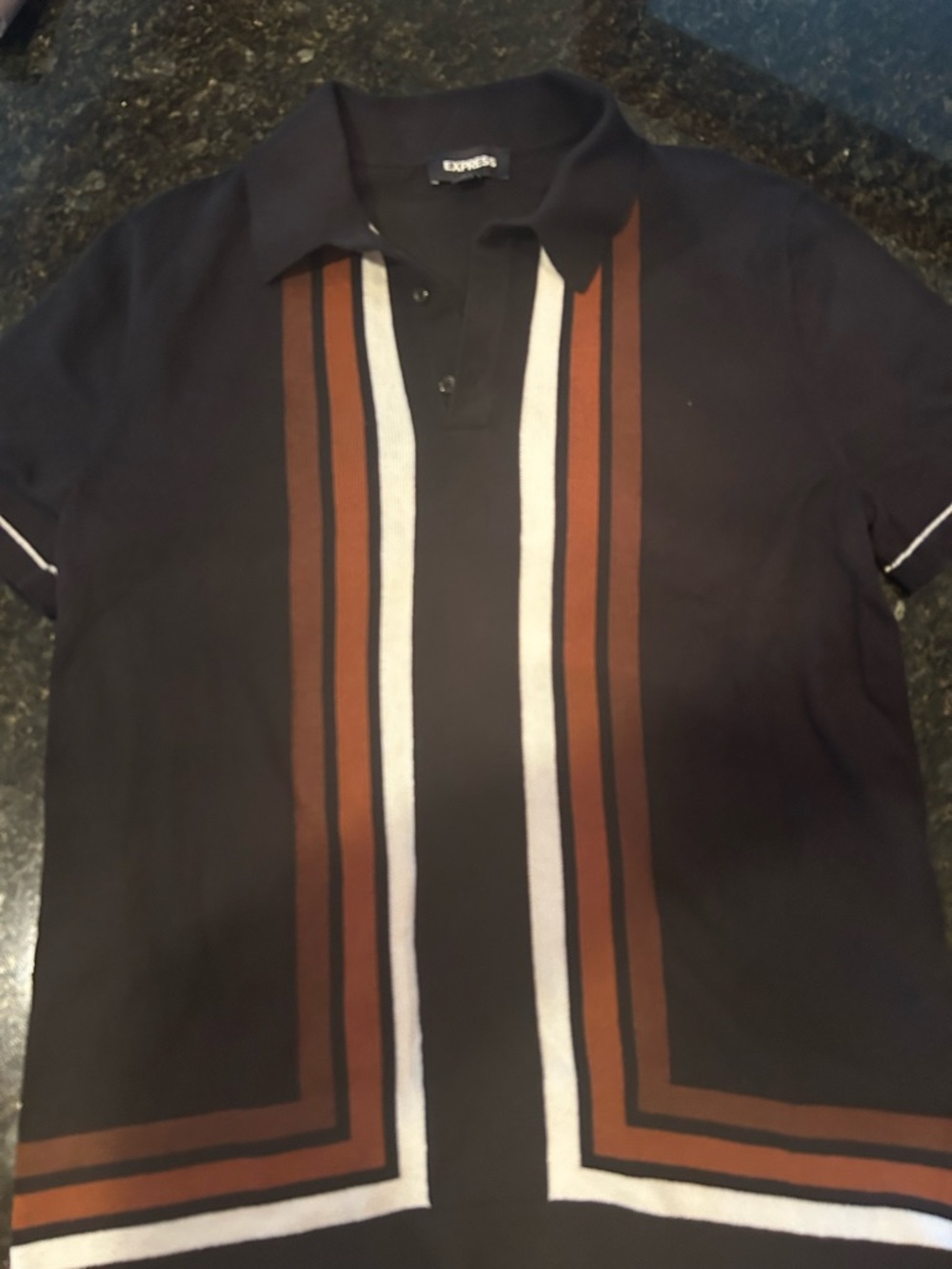 Express Men’s Black Polo with Brown and White Stripes